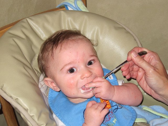 IMG_2467b.jpg - He's a whole 4 months old now and taking his first bite of rice cereal.