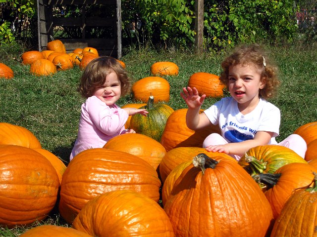 IMG_1527b.jpg - Of course, Abigail and Catherine didn't see the signs posted that read "No sitting on or playing drums on the pumpkins".