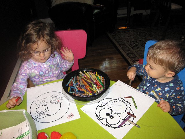 IMG_5765b.jpg - I try to pick a theme for the day and print a coloring page to represent the event.  Today is Mom-Mom's birthday, so the coloring pages were owls, in her memory.
