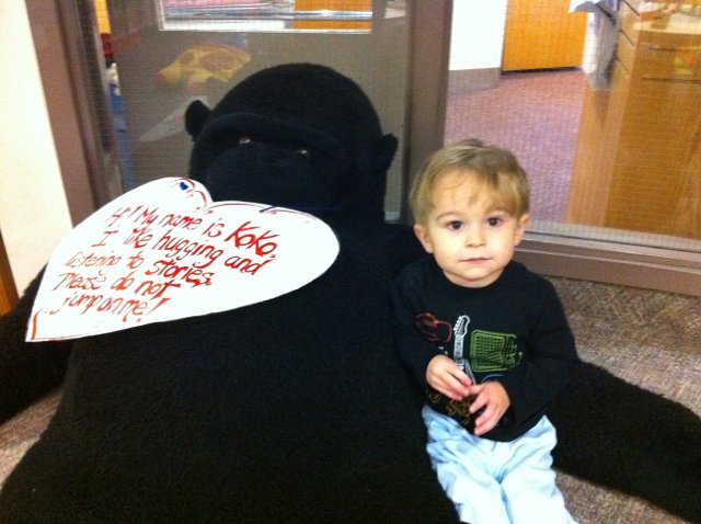 IMG_1813.jpg - Nathan made a friend (or two actually).  One lives at the library, is furry and named KoKo.
