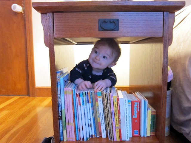 IMG_2973B.jpg - Monkey see, monkey do ... Catherine STILL climbs into this end table and, I guess Nathan decided it was his turn to try it out.