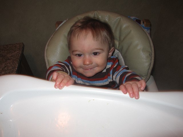 IMG_3235.JPG - Whoever said "Everything is a challenge with children", must have had one of these little boys who loves to push things ... even the high chair tray.  Every mealtime I have to outsmart him to get it latched before we play tug-of-war.