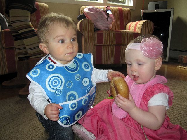 IMG_3285b.jpg - ... and made his rounds to bond over a bagel with his other gal pal, Kaylin.  (Addison isn't quite mobile yet, so we didn't get any action shots of her.)