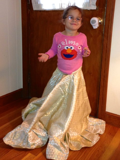 IMG_2732.jpg - We may have lost our tree skirt to an imaginative little girl!!  She thinks she is going to a Christmas Ball.  In the end, the tree won this particular skirt and Catherine received a pink velvety one with white fur trim just after Christmas for her future dress-up needs.