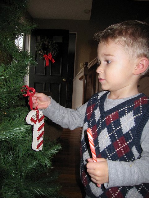 IMG_3236.jpg - It's finally time to decorate the tree.  Nathan is hanging a very special ornament (made by his Great-Grandpa, John Hurst) many moons ago.