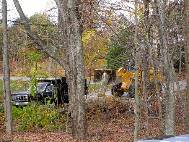 IMG_2789.jpg - Hurricane Sandy cleanup of the road continues and Nathan got to watch the dump truck and front loader in action.
