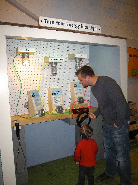 IMG_4107.jpg - The boys were investigating the amount of power needed to light various types of bulbs by turning the wheel at different speeds.