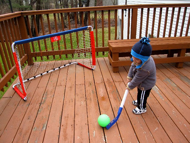 IMG_3878.jpg - And finally got the chance to put another Christmas gift to good use.  The snow has melted so we turned our deck into a sports arena.