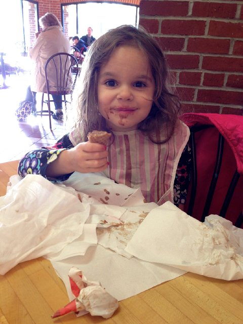 IMG_3115.jpg - We headed to Richardson's for the first time this season.  Catie Ann was so excited to have her first sugar cone (full of chocolate ice cream of course).  She did very well and we had a napkin-covered table ready just in case!