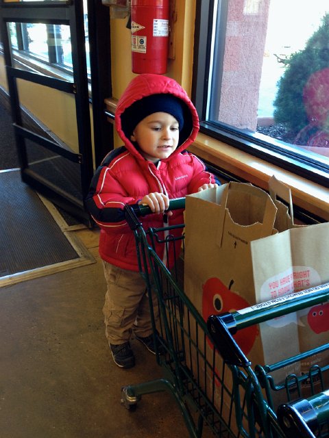 IMG_5051.jpg - Whole Foods has the mini grocery carts and Nathan is all about pushing his own cart in this store.