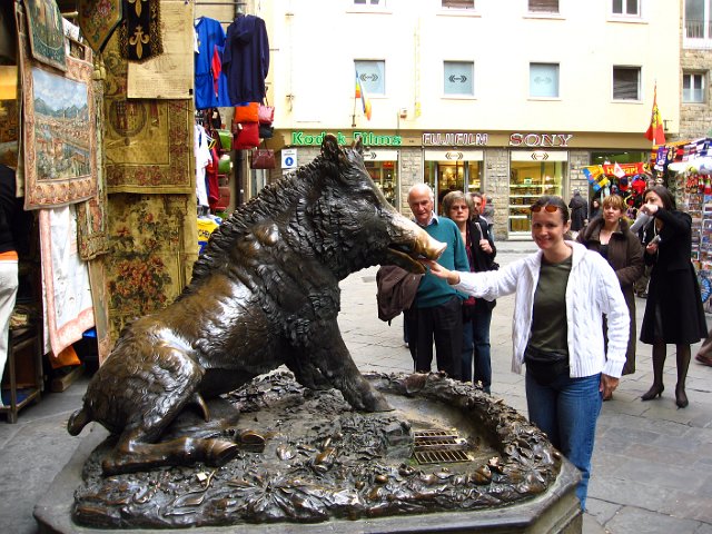 Miscellaneous-04.JPG - Piggy Fountain -- It is customary to rub his snout for good luck. Another legend tells visitors to place a coin in the pig's mouth and if it falls in the slot below it guarantees that you will return to Florence.