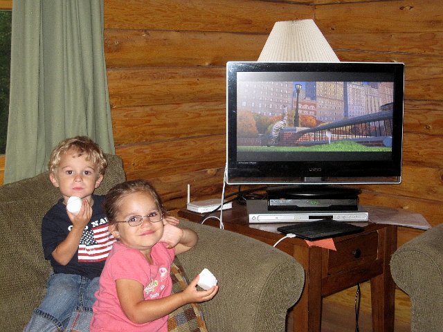 IMG_1885.jpg - The plans for our final campfire fell through thanks to a passing storm, so marshmallows and a movie was Plan B for some family fun.  "I Like to Move It, Move it.  I Like to Move it, Move it .. Move it!"